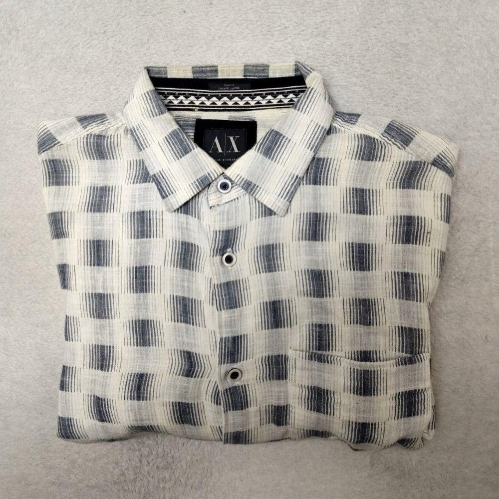 Armani Exchange Shirt Mens M White Check Button-Up Slim Cotton India Lightweight
